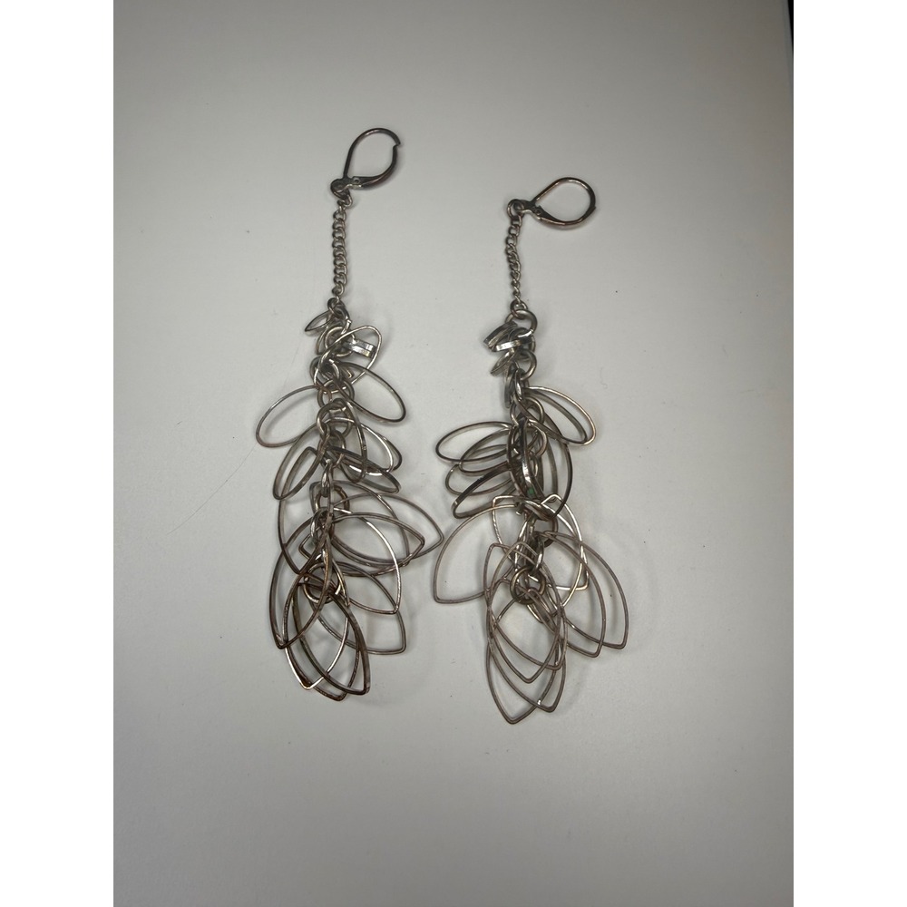 Silver Tone Cascading Leaf Cluster Dangle Earrings Lever Back Statement Jewelry